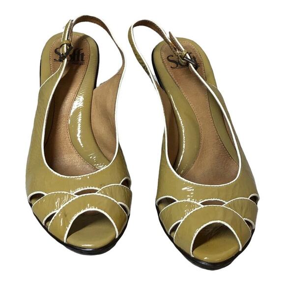 Sofft‎ Patent Leather Peep Toe Slingback Heels Wedge Shoes Gold Size? - Picture 1 of 11